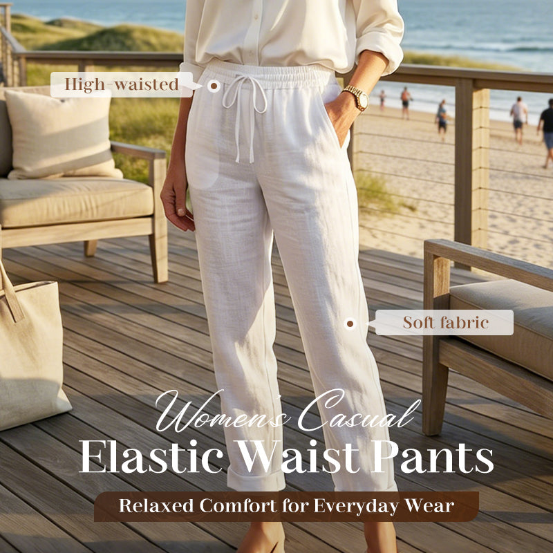 Women's Wide-Leg Linen Trousers — Elastic Waist