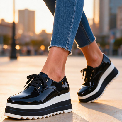 SOFIA Comfort Platform Shoes in Black, worn on-foot on a sunlit city street