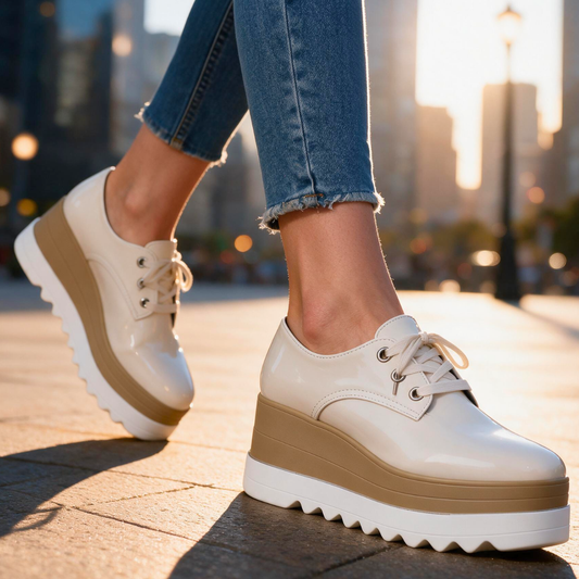SOFIA Comfort Platform Shoes in Cream, worn on-foot on a sunlit city street