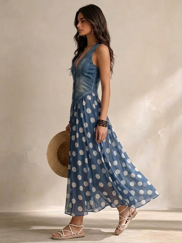 ADELINE | DENIM POLKA DOT MAXI DRESS
