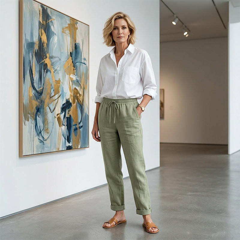 Women's Wide-Leg Linen Trousers — Elastic Waist