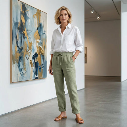 Women's Wide-Leg Linen Trousers — Elastic Waist