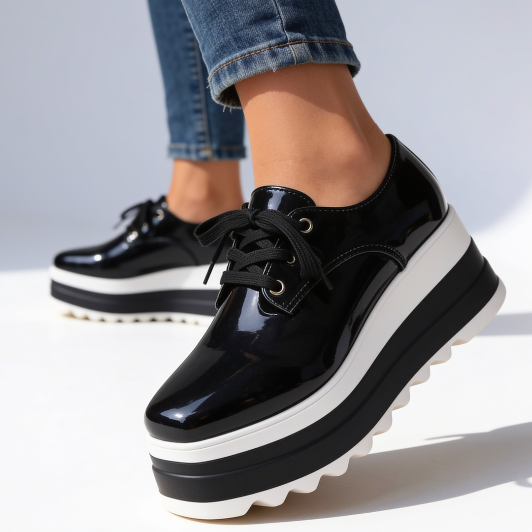 SOFIA Comfort Platform Shoes in Black, close-up on-foot detail