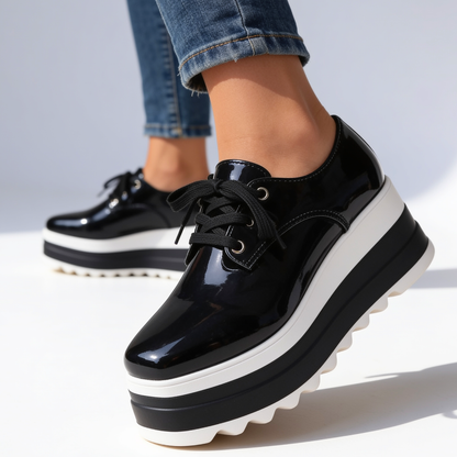 SOFIA Comfort Platform Shoes in Black, close-up on-foot detail