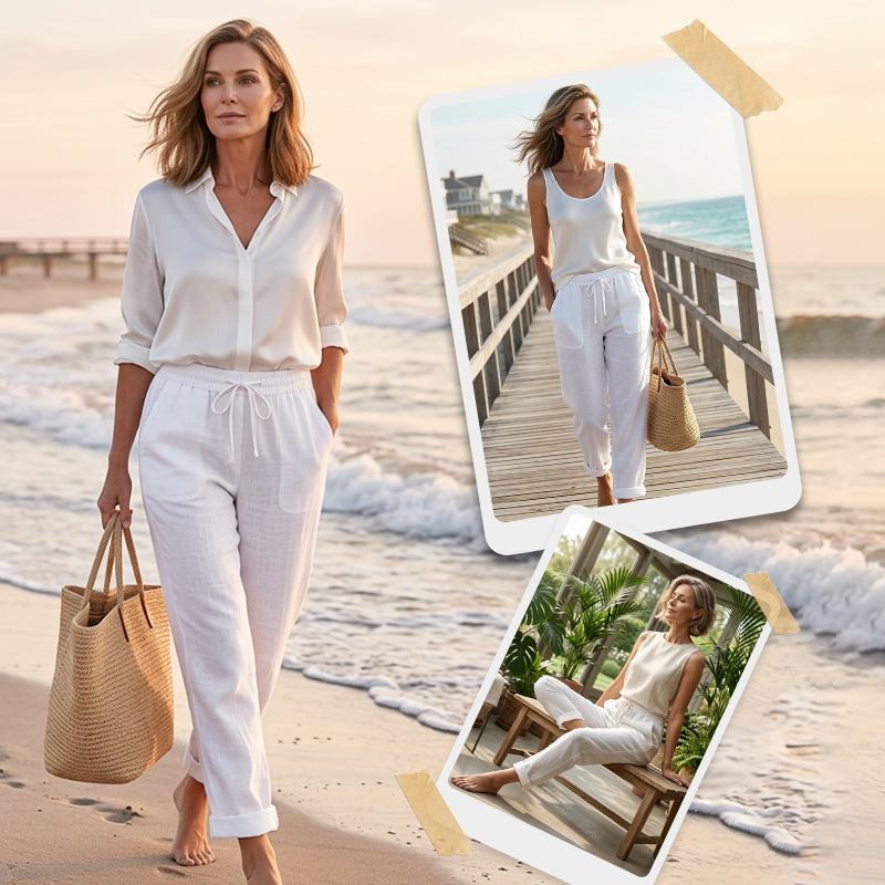 Women's Wide-Leg Linen Trousers — Elastic Waist