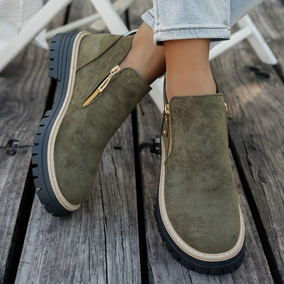 Green ELARA ankle boots viewed from above