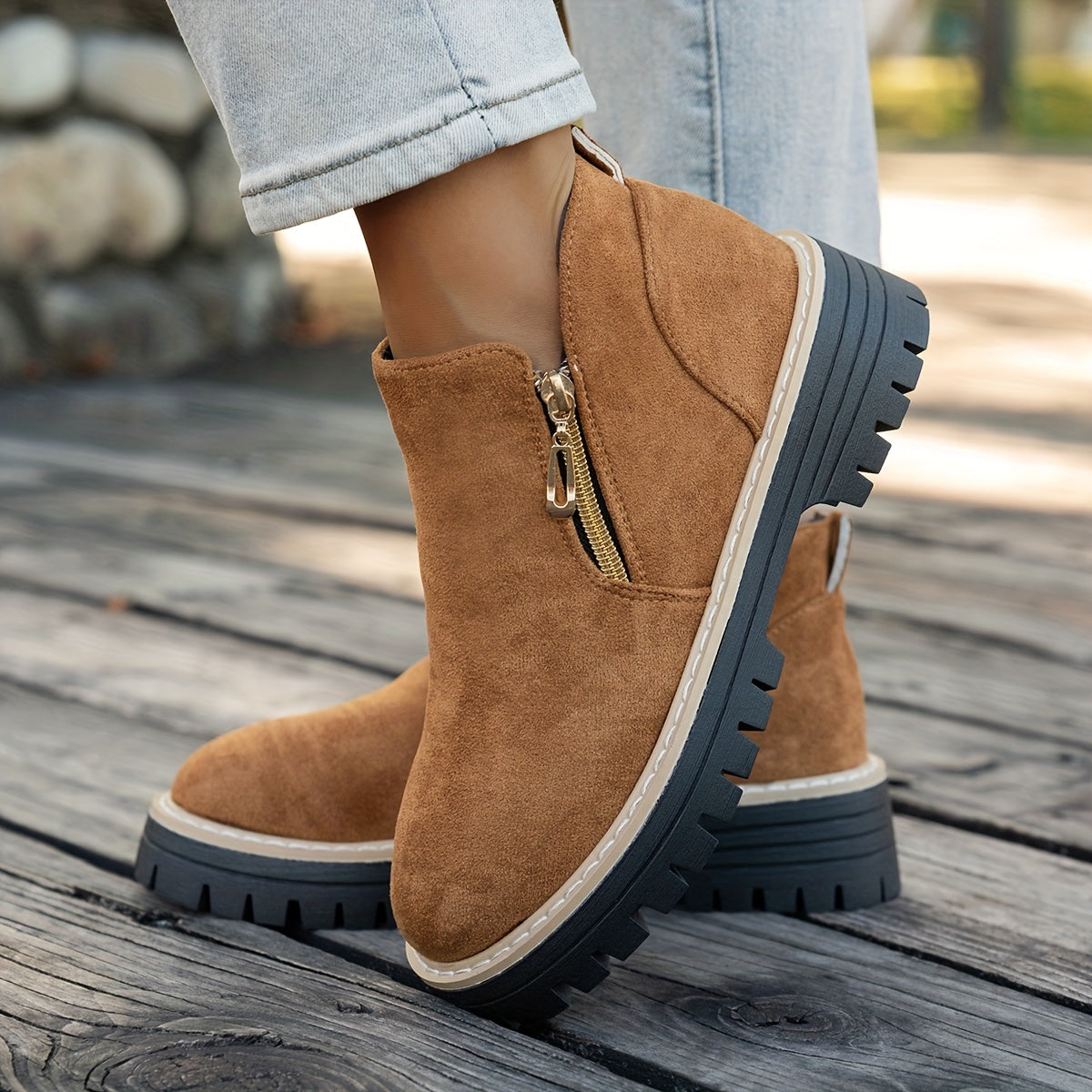 Tan ELARA ankle boots worn, side view