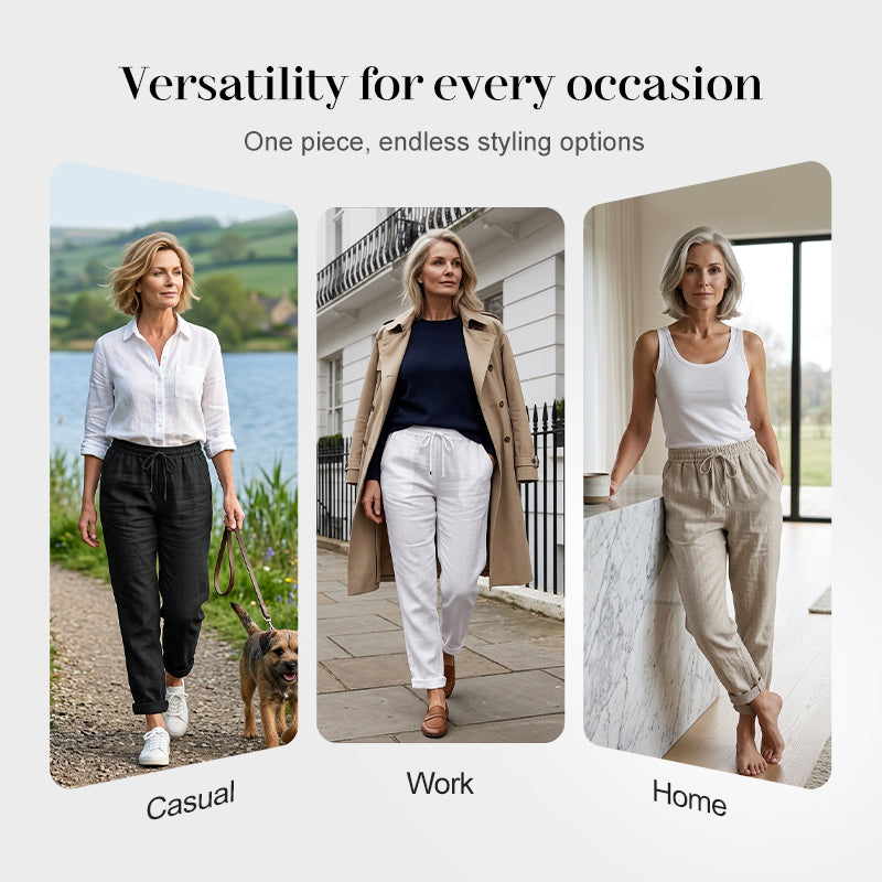 Women's Wide-Leg Linen Trousers — Elastic Waist