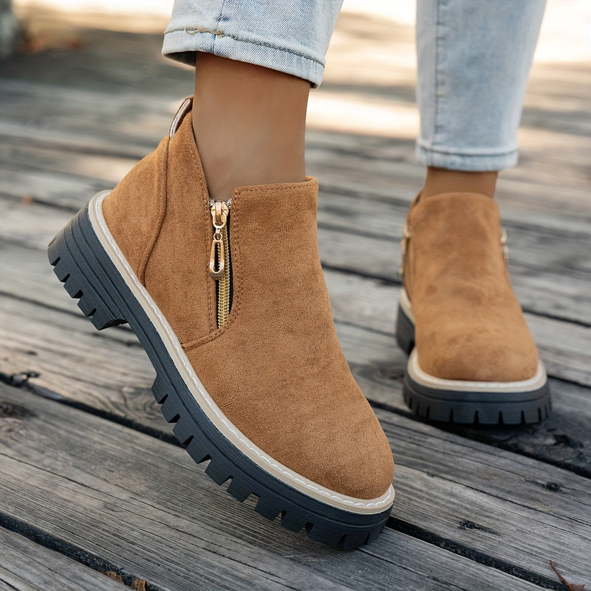 Tan ELARA ankle boots worn, front view