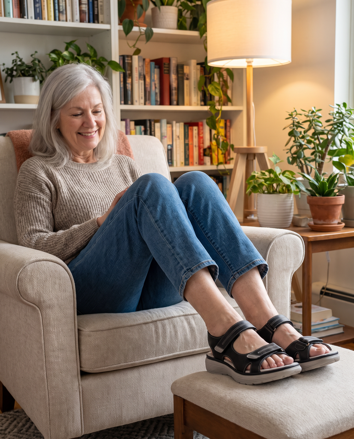 Woman relaxing at home wearing Marlow orthopedic sandals