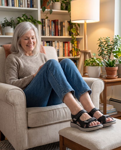 Woman relaxing at home wearing Marlow orthopedic sandals