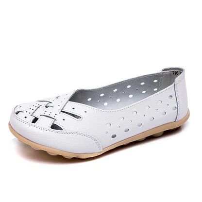 White LYDIA slip-on loafers with perforated sides, front cut-outs and a low sole
