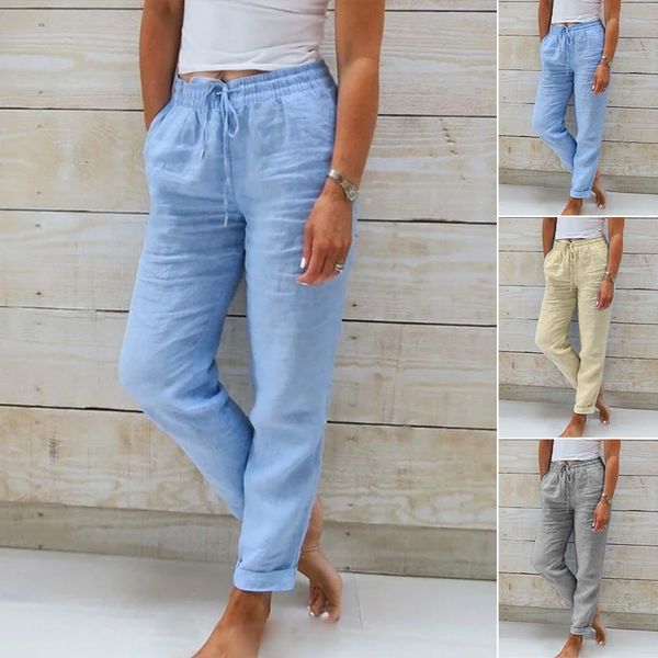 Women's Wide-Leg Linen Trousers — Elastic Waist