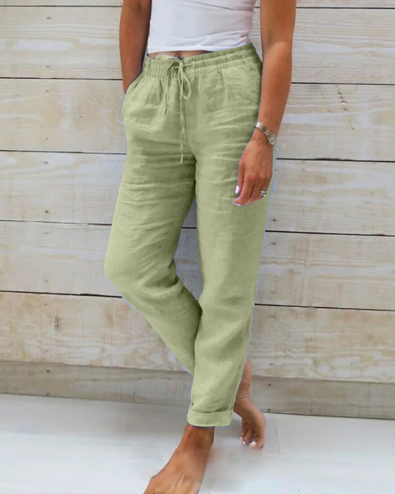 Women's Wide-Leg Linen Trousers — Elastic Waist