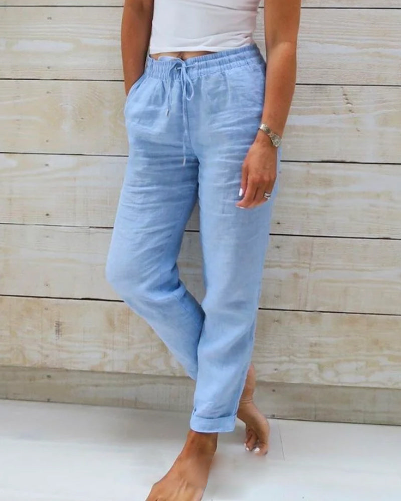 Women's Wide-Leg Linen Trousers — Elastic Waist
