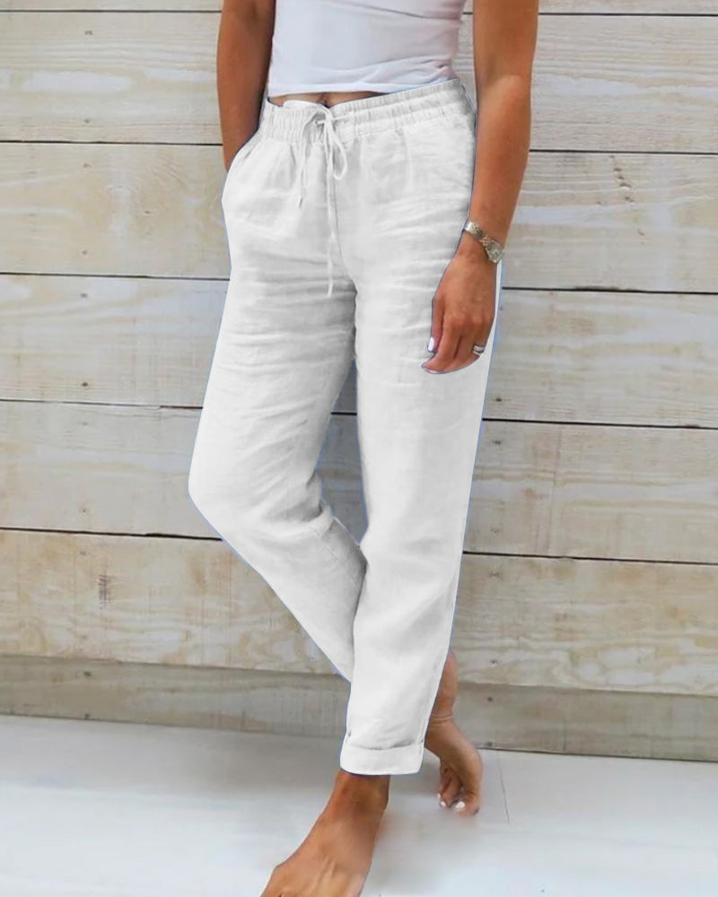 Women's Wide-Leg Linen Trousers — Elastic Waist