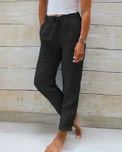 Women's Wide-Leg Linen Trousers — Elastic Waist