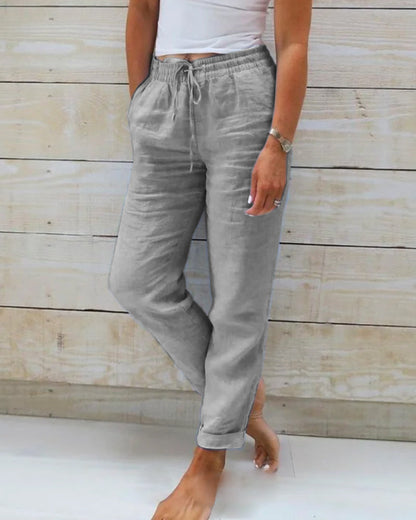Women's Wide-Leg Linen Trousers — Elastic Waist