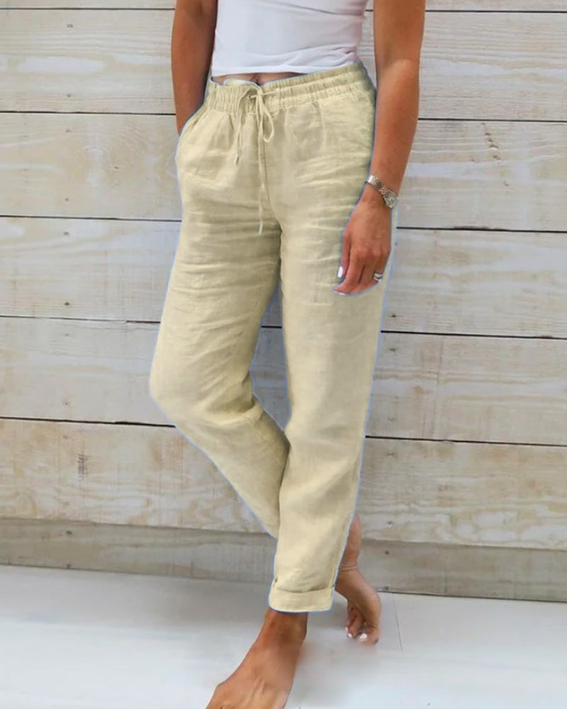 Women's Wide-Leg Linen Trousers — Elastic Waist