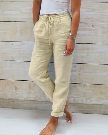Women's Wide-Leg Linen Trousers — Elastic Waist