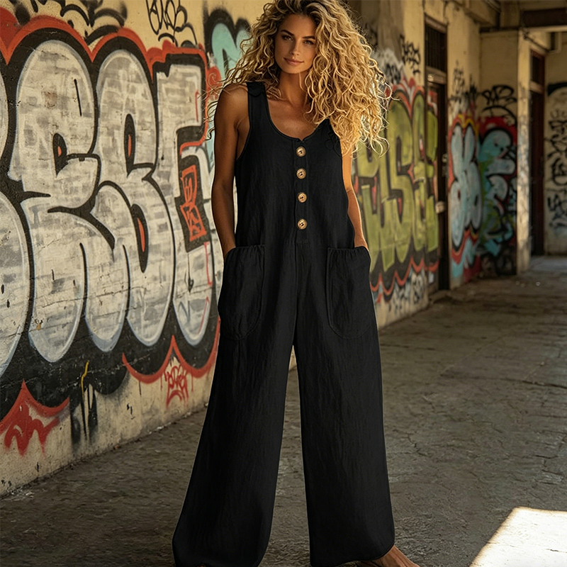 Women's Sleeveless Wide-Leg Jumpsuit with Side Pockets