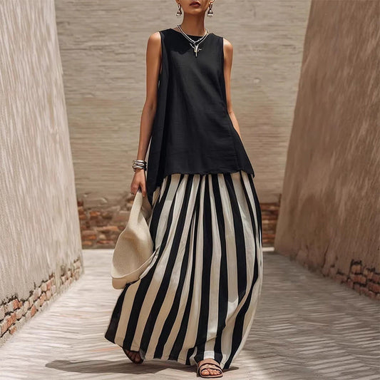 Women's Sleeveless Top & Striped Skirt Set