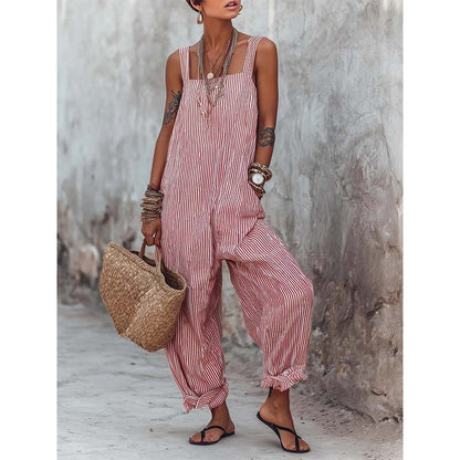Women's Striped Linen Strap Jumpsuit