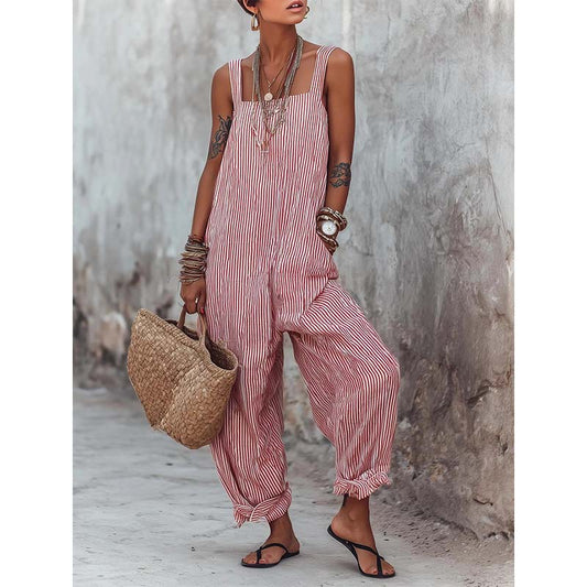 Women's Striped Linen Strap Jumpsuit