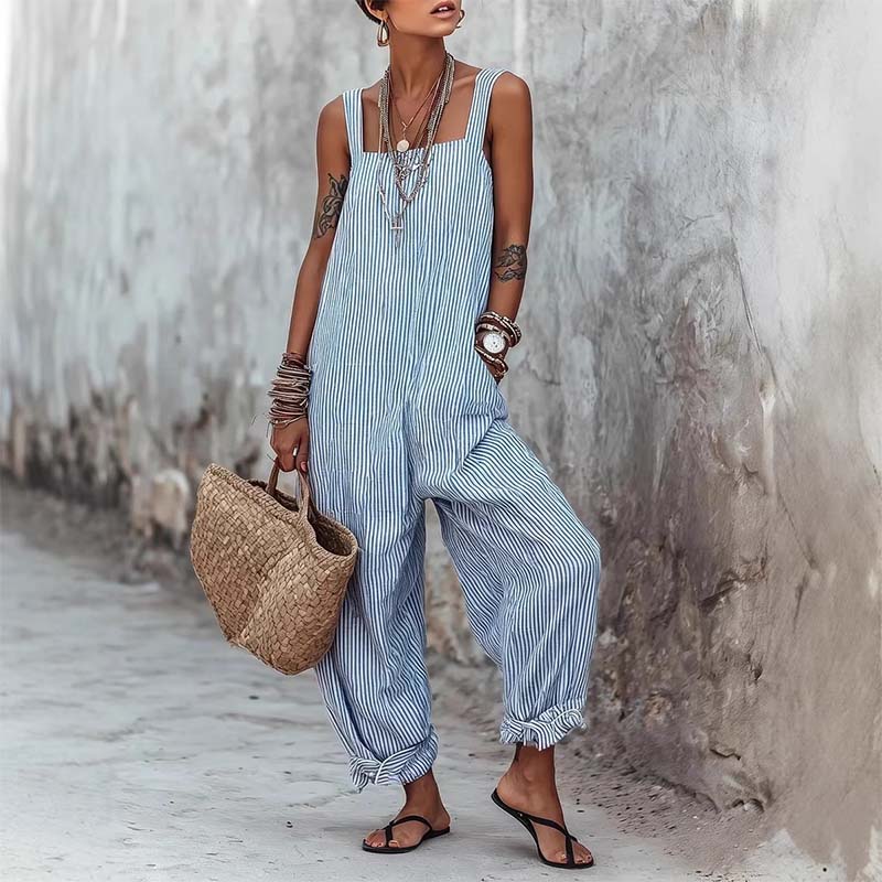 Women's Striped Linen Strap Jumpsuit