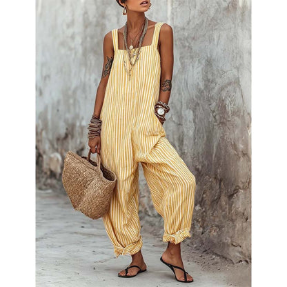 Women's Striped Linen Strap Jumpsuit